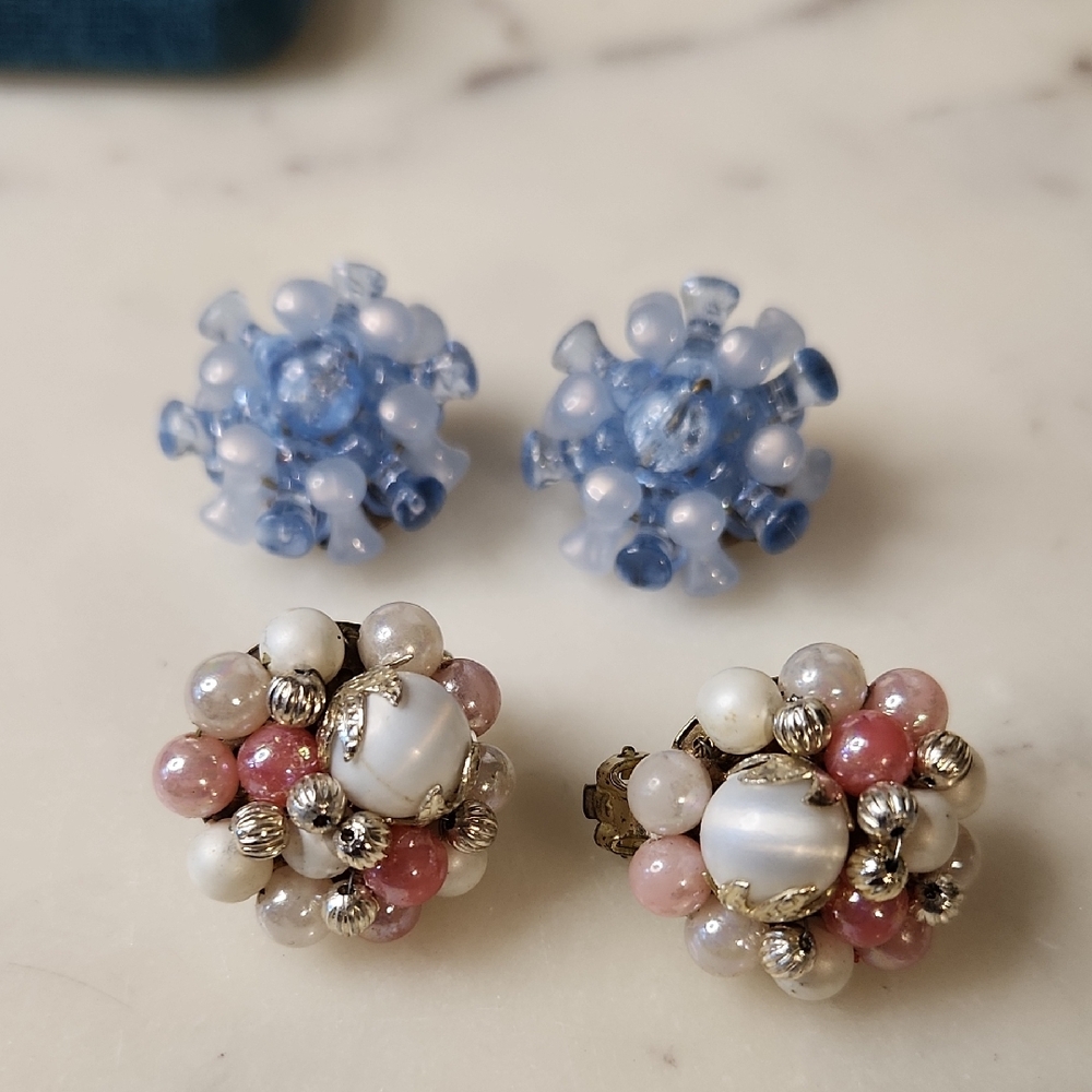 Cluster Bead Button Earrings in Blue and Pink